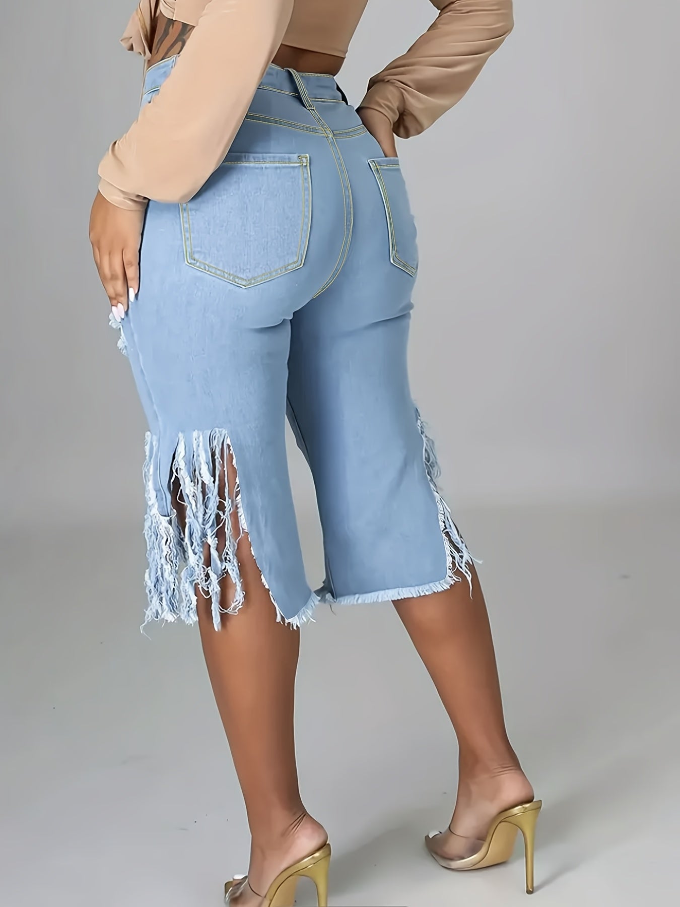 Plus Size Newest Design High Waist Hole Tassels Washed Summer Women Female High Street Denim Pants