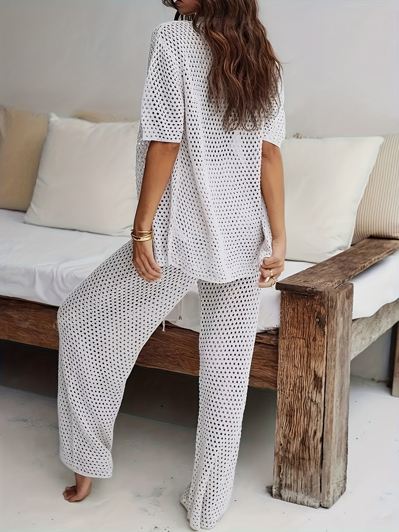 Women's Vacation Style Fashion Hollow Fabric Short Sleeve Shirt and Pants Set