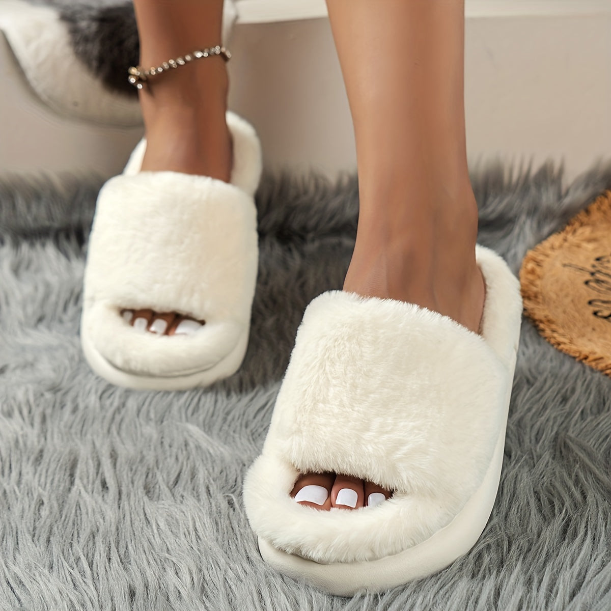 [Cozy Furry Slippers] Comfy Fluffy Furry House Slippers - Single Band Open Toe Platform Fuzzy Shoes - Cozy Warm Home Slippers