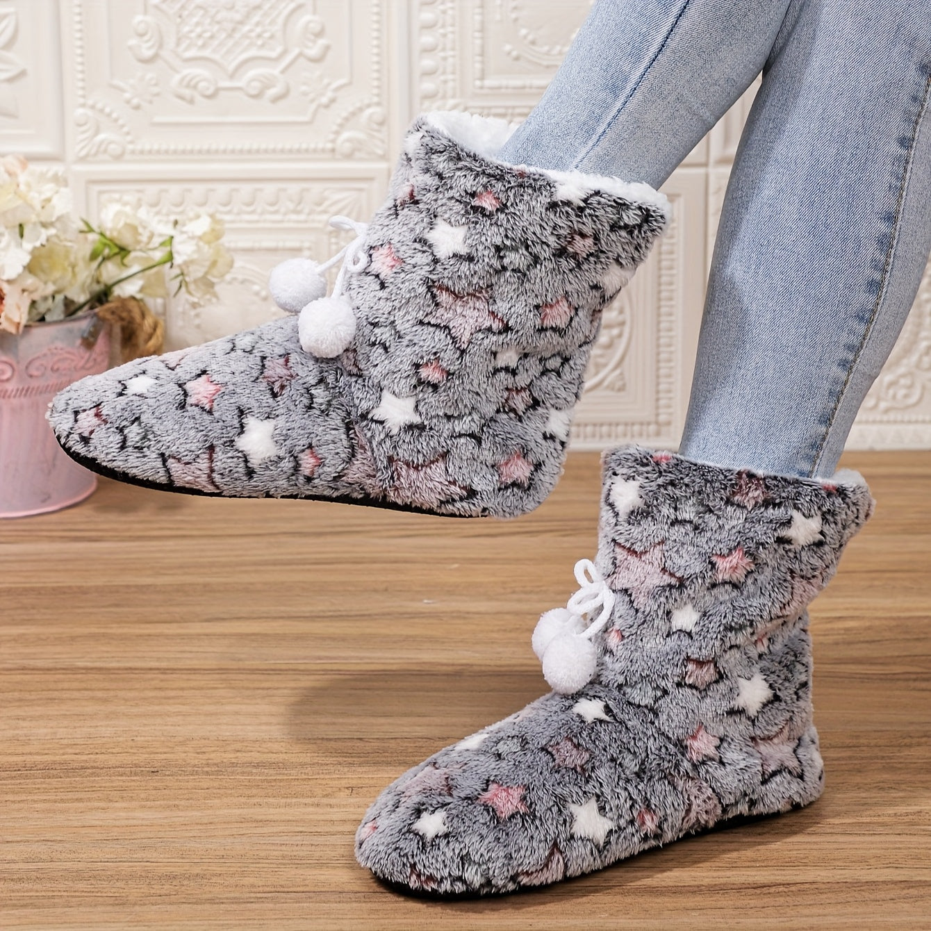Cozy Heart-Patterned Bowknot Slipper Boots - Soft Fleece Lining, Warm & Comfortable Winter Home Shoes, Machine Washable with Breathable Fabric, Perfect for Indoor Wear, Warm Slip-On Boots|Casual Winter Boots|Machine Washable