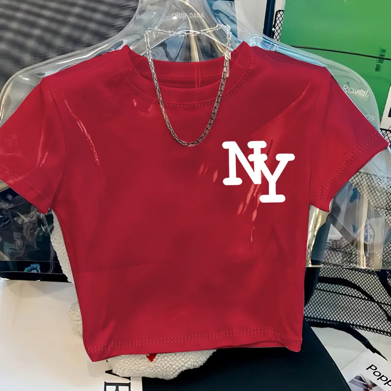 Women's Y2K Style NY Monogram Graphic T-Shirt - Soft Stretchy Polyester Blend, Oversized Cropped Fit, Machine Washable Spring/Summer Casual Top