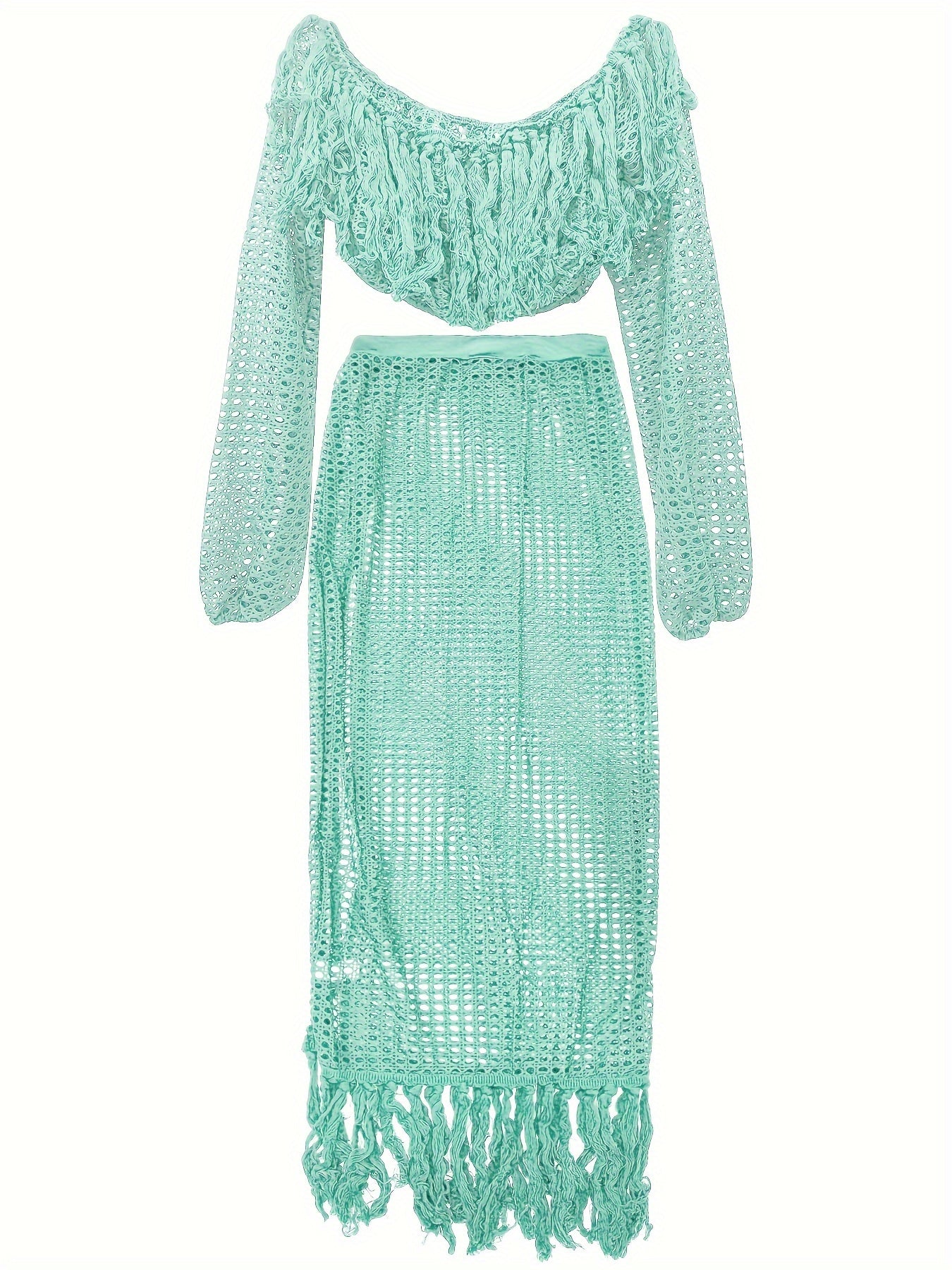 Tassel Trim Hollow Out Sexy Set - Crop Off Shoulder Long Sleeve Top & High Slit High Waist Maxi Skirt - Women's Clothing - For Women - Perfect for Parties & Night Out - Ideal Gift for Her