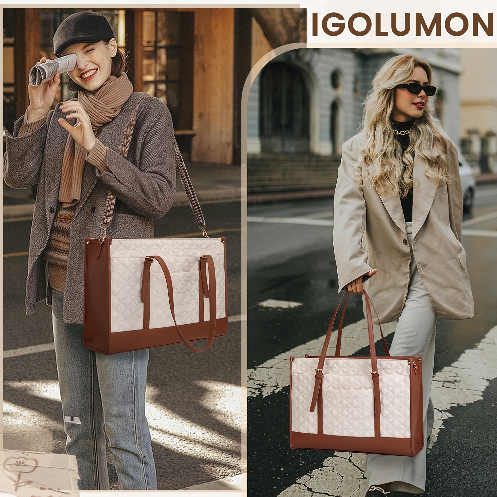 KTMOUW Laptop Bag For Women 15.6 Inch Vegan Faux Leather Work Tote Bag Quilted Womens Briefcase Designer Laptop Bags For Office Teacher College Cute Computer Bag With Purse Professional Beige & Brown