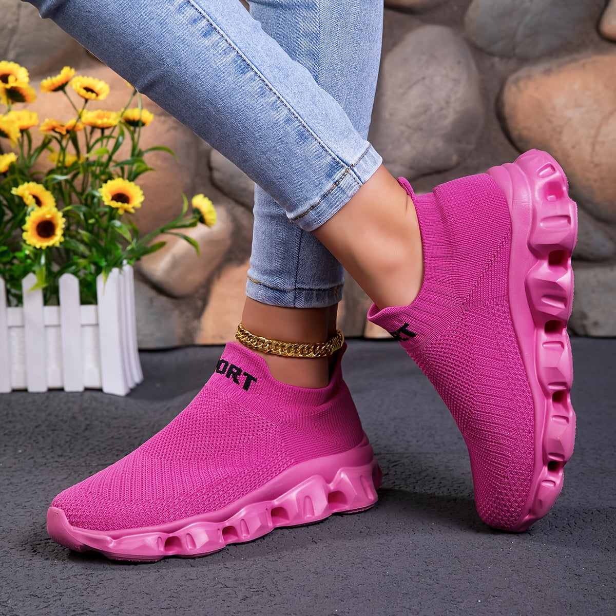 Women'S Fashion Sneakers, Breathable Knitted Fabric Upper, Slip-On Low Top Sports Shoes, Solid Color, EVA Sole, All-Season Casual Athletic Footwear