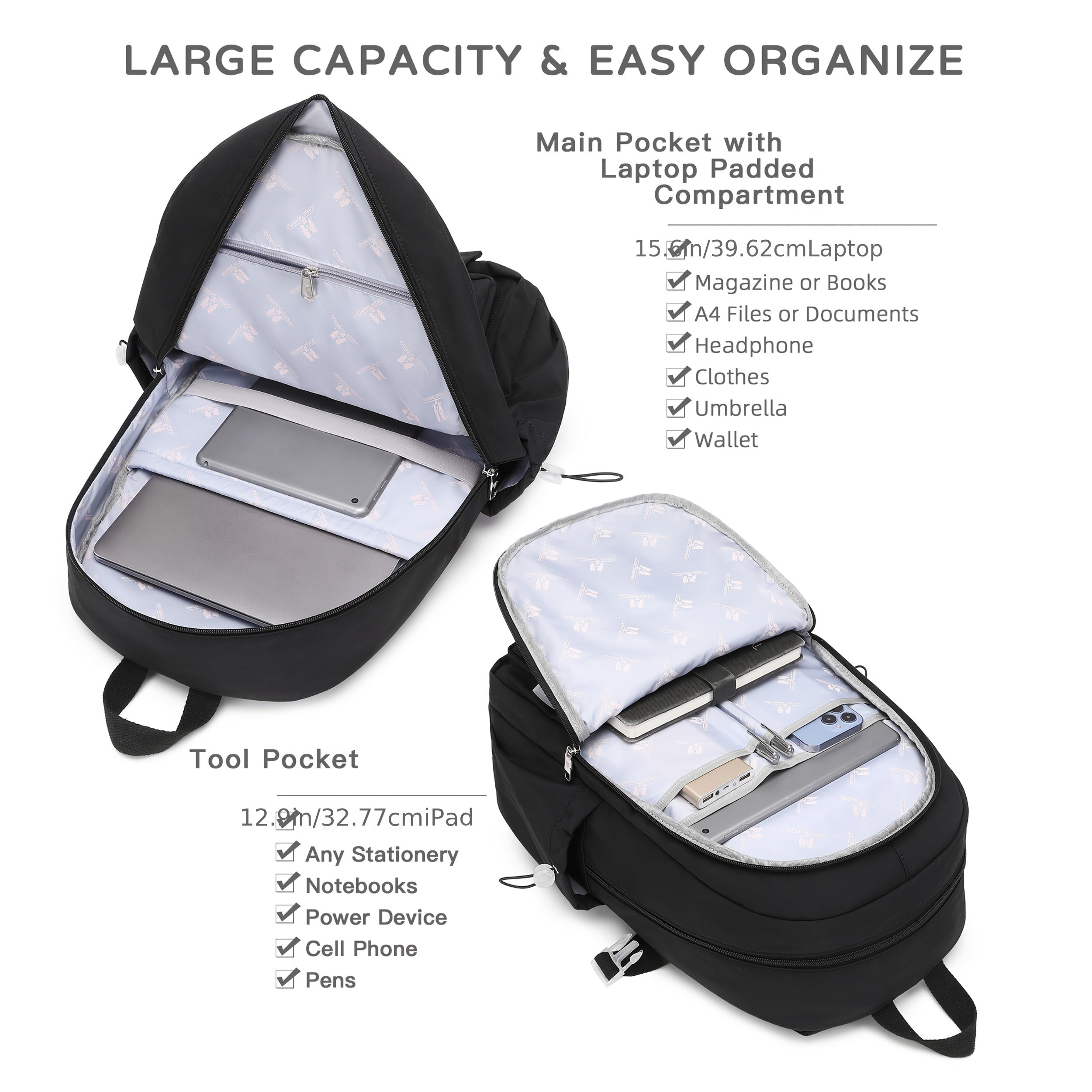 HIDDS Preppy Style 3pcs Backpack Set with Lunch & Pen Case, Nylon Urban Theme Women'S Travel College Backpack, Adjustable Straps, Zipper Closure, Solid Black - Fits 15.6" Laptop