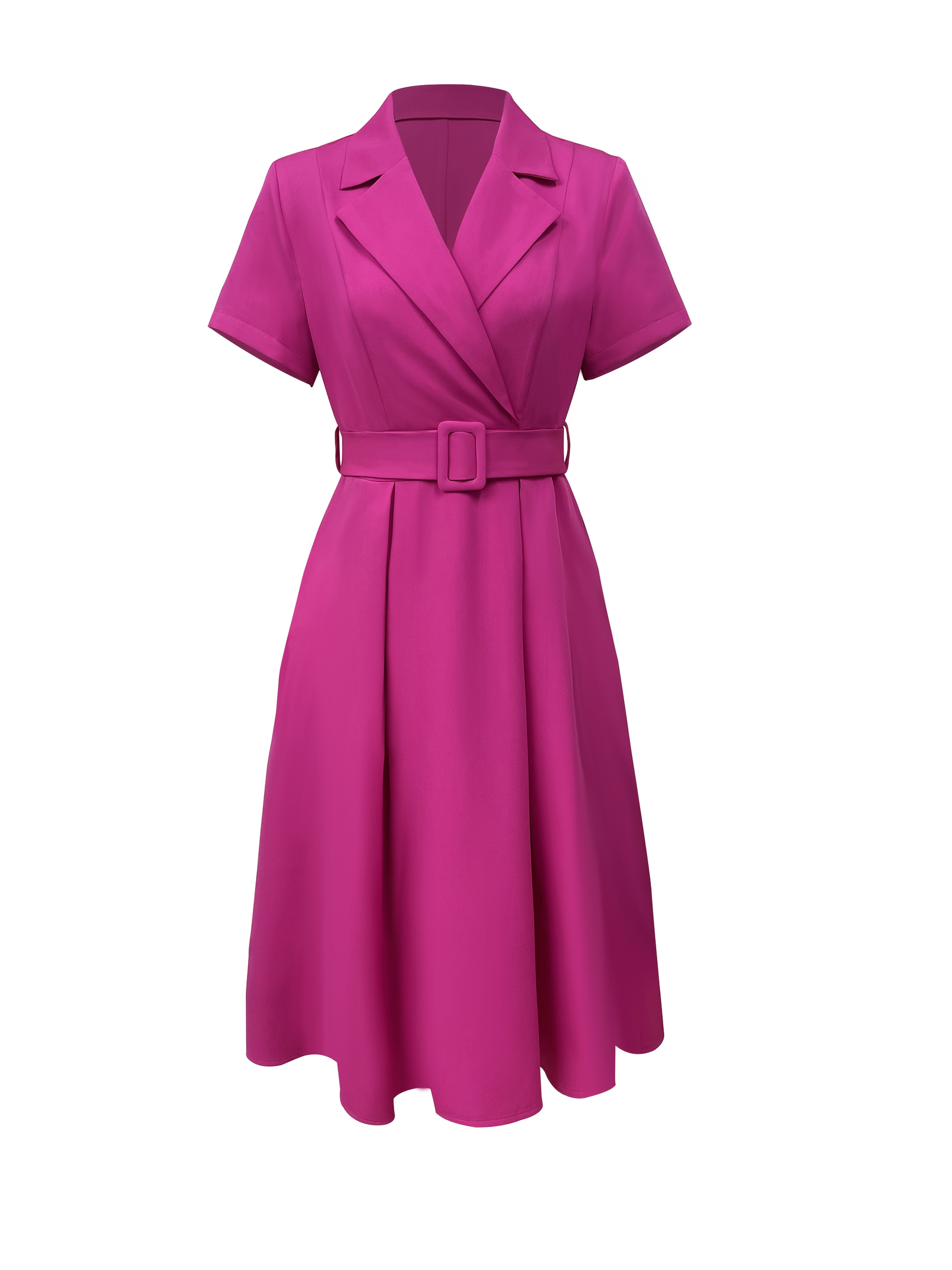Women's Elegant Short Sleeve A-Line Dress with Adjustable Waist Tie - Vibrant Pink Solid Color, Machine Washable Summer Office & Casual Wear, Versatile Commuter Dress, Nontransparent Fabric