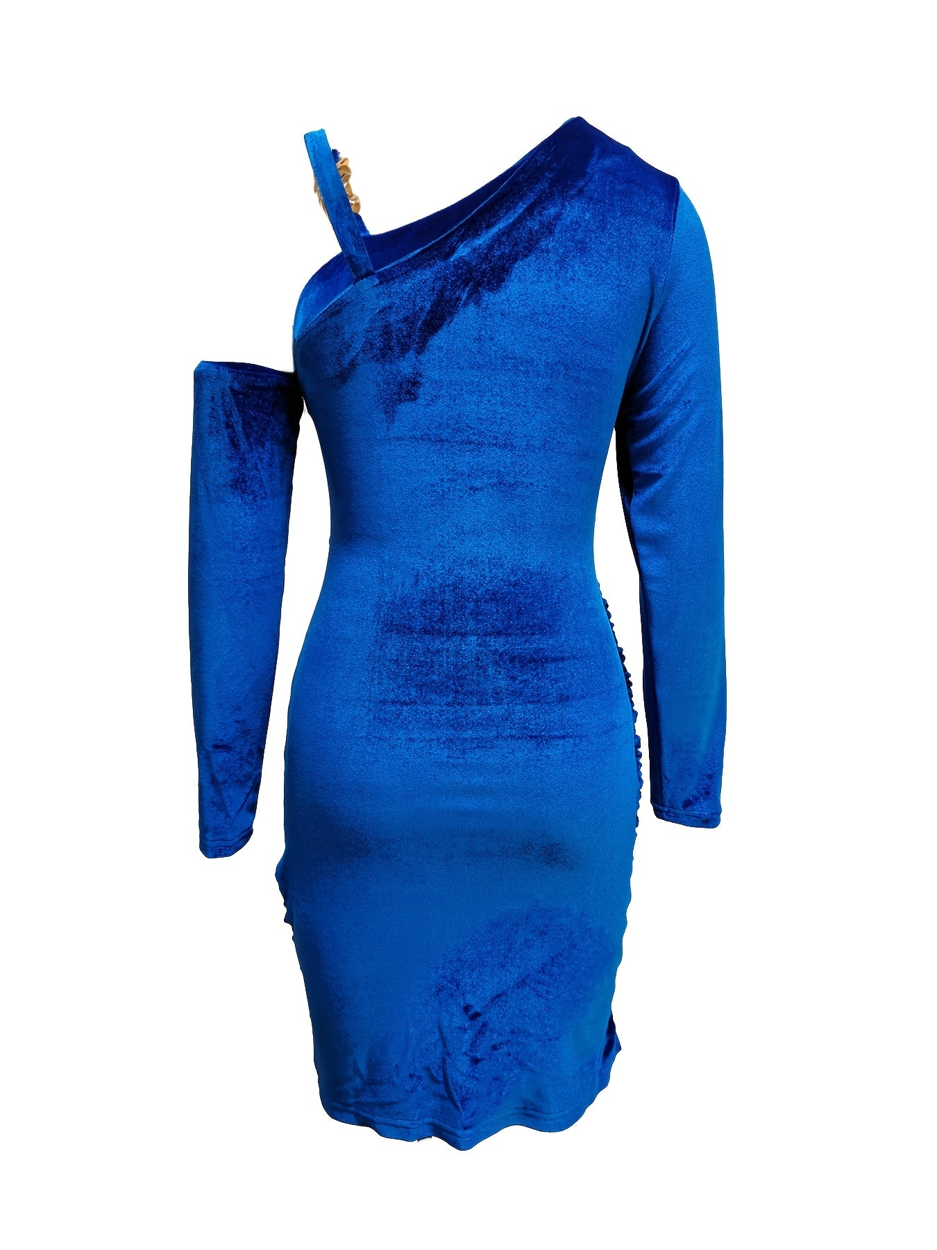 Elegant Off-Shoulder Blue Midi Dress for Women - Chic Chain Detail, Long Sleeves, Ruched Bodycon Fit, Polyester, Machine Washable - Perfect for Evening & Vacation