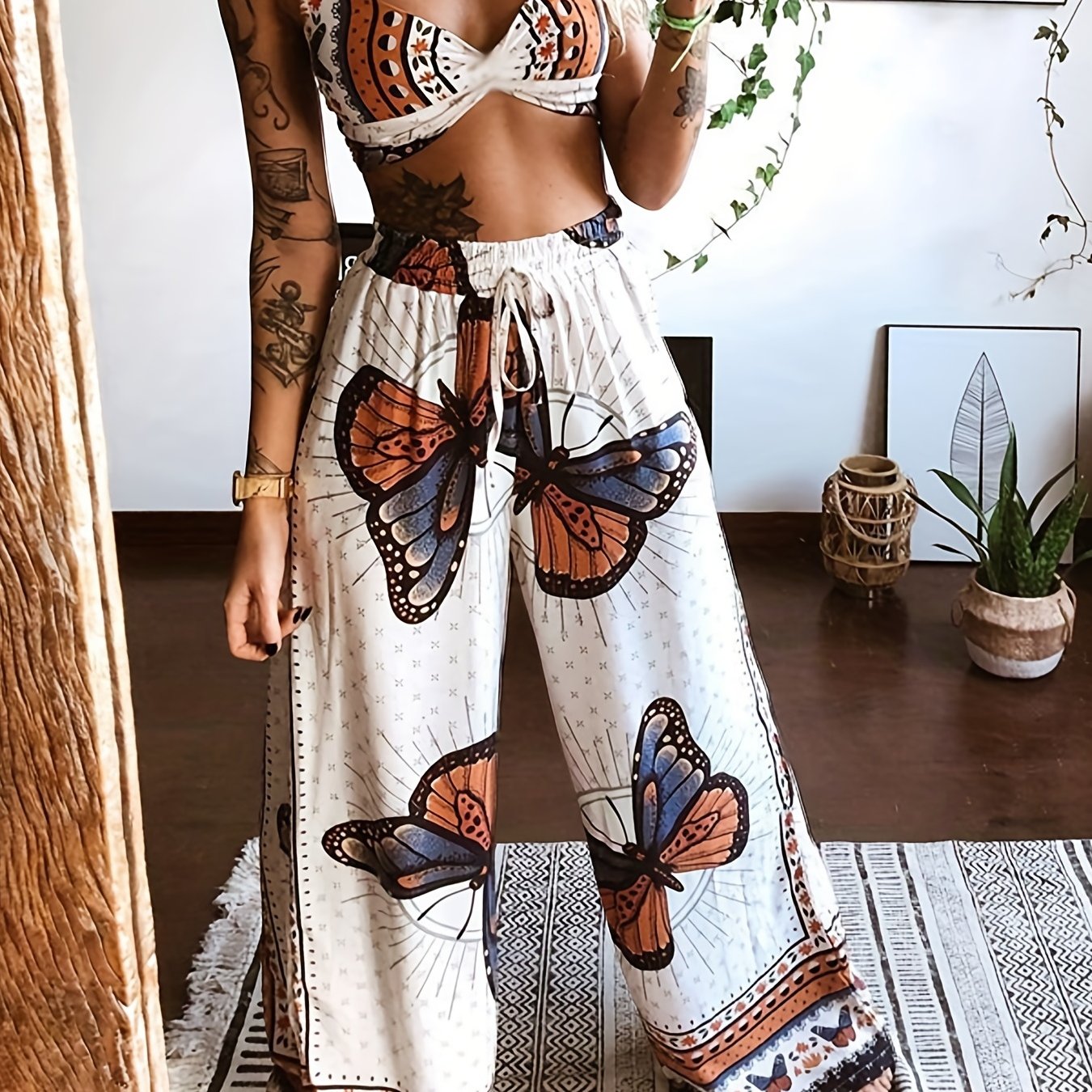 Sexy Butterfly Print Two-piece Set, Backless Crop Halter Top & Wide Leg Pants Outfits, Women's Clothing