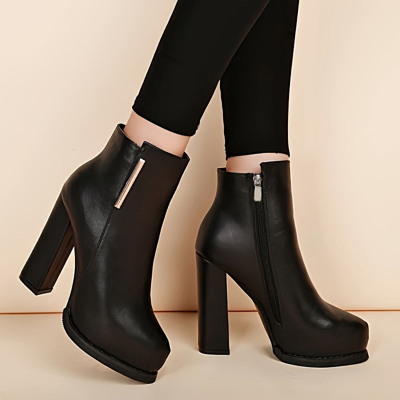 Soft Touch Solid Color Minimalist Boots - Smooth Side Zipper, Comfort Platform, Sturdy Chunky Heel - Classic Round Toe, Slim & Versatile Style
