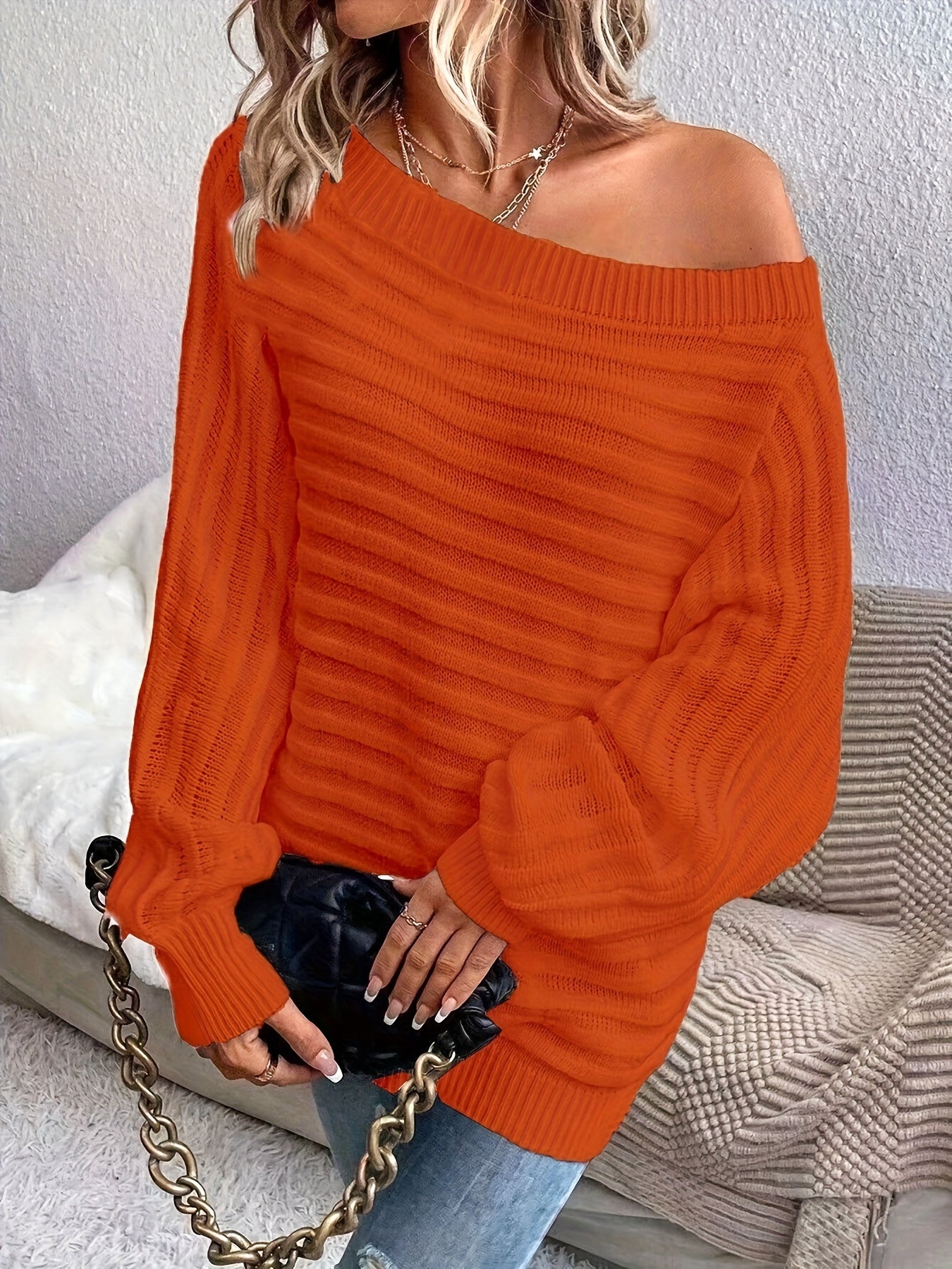 Elegant Off-Shoulder Knit Sweater for Women - Chic Solid Color, Cozy Acrylic Pullover with Lantern Sleeves, Casual & Stylish, Perfect for Fall/Winter - Hand Washable