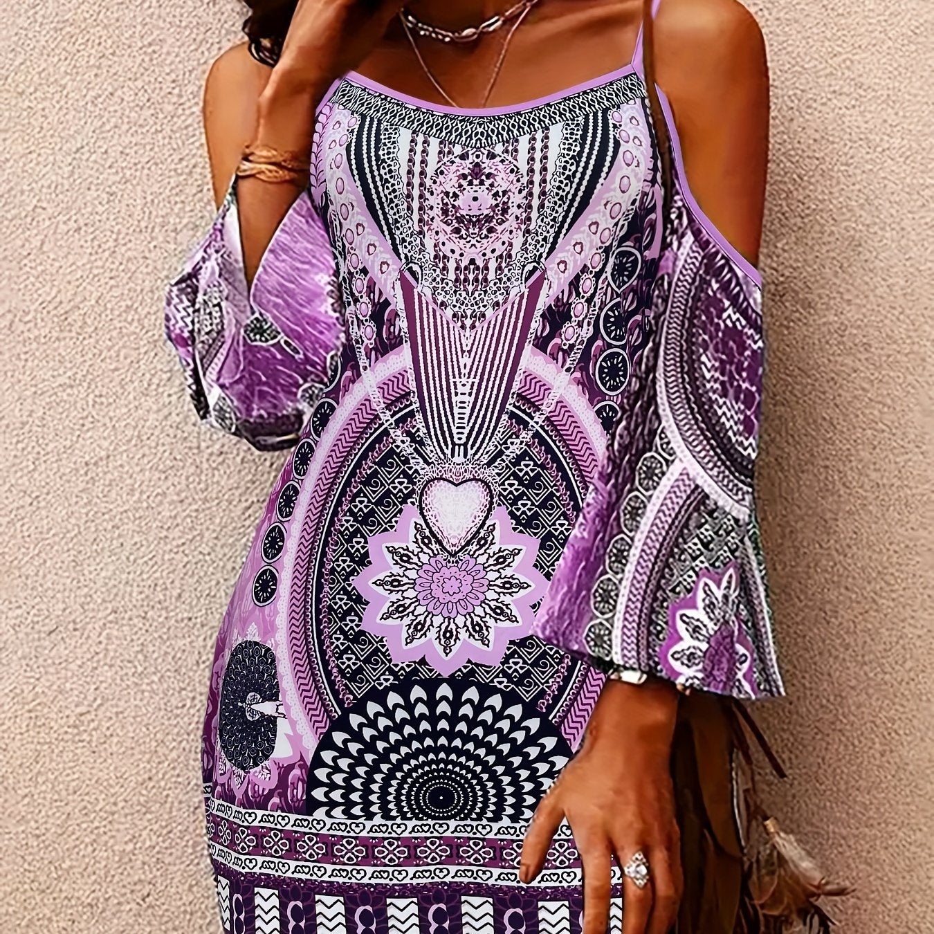 Boho Style Cold Shoulder Dress, Casual Flare Sleeve Spaghetti Strap Dress For Vacation, Women's Clothing