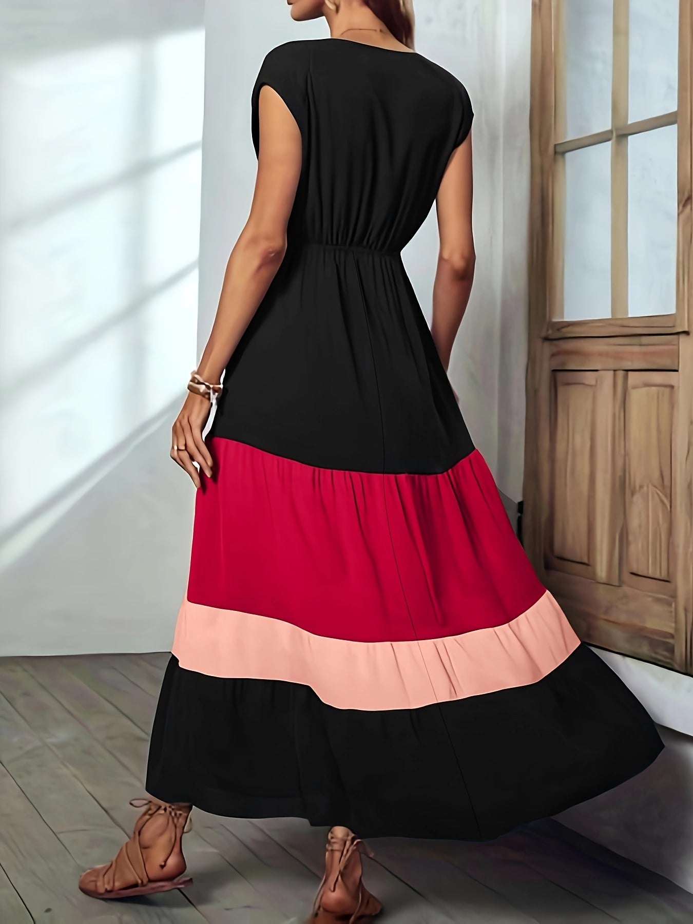 Vibrant Color Block Surplice Neck Maxi Dress - Elegant Sleeveless A-Line Silhouette, Micro Elasticity, Polyester Fabric, Solid Color, Summer Essential - Womens Elegant Clothing for Special Occasions