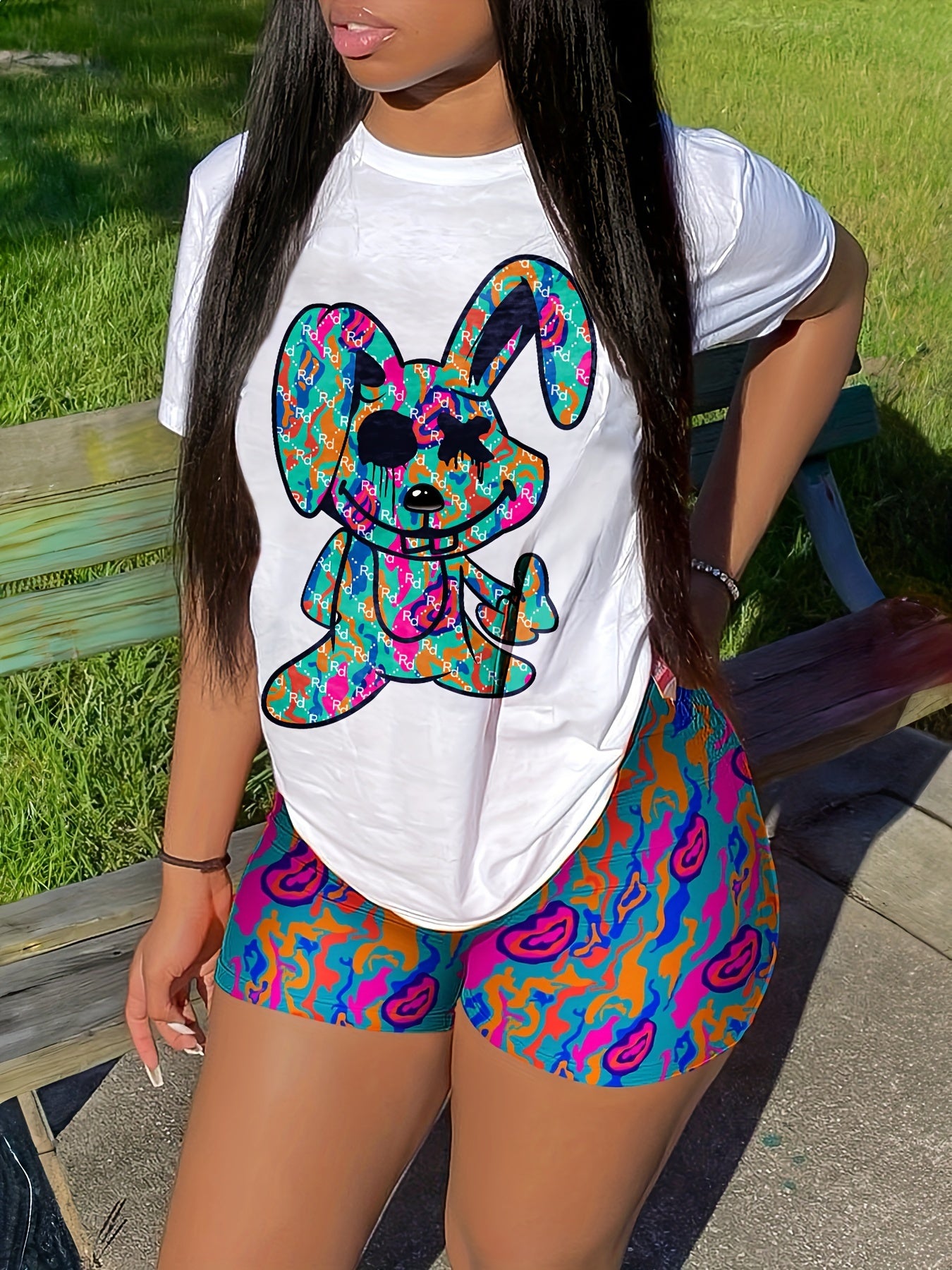 Rabbit Print Casual Shorts Set, Crew Neck Short Sleeve Top & Shorts Outfits For Spring & Summer, Women's Clothing