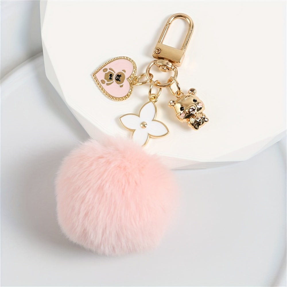 Fashion Heart and Teddy Bear Charm Keychain with Faux Fur Pom Pom, Creative Cute Wall-Mounted Key Hooks, Metallic Unfinished Style with Special Decorative Features