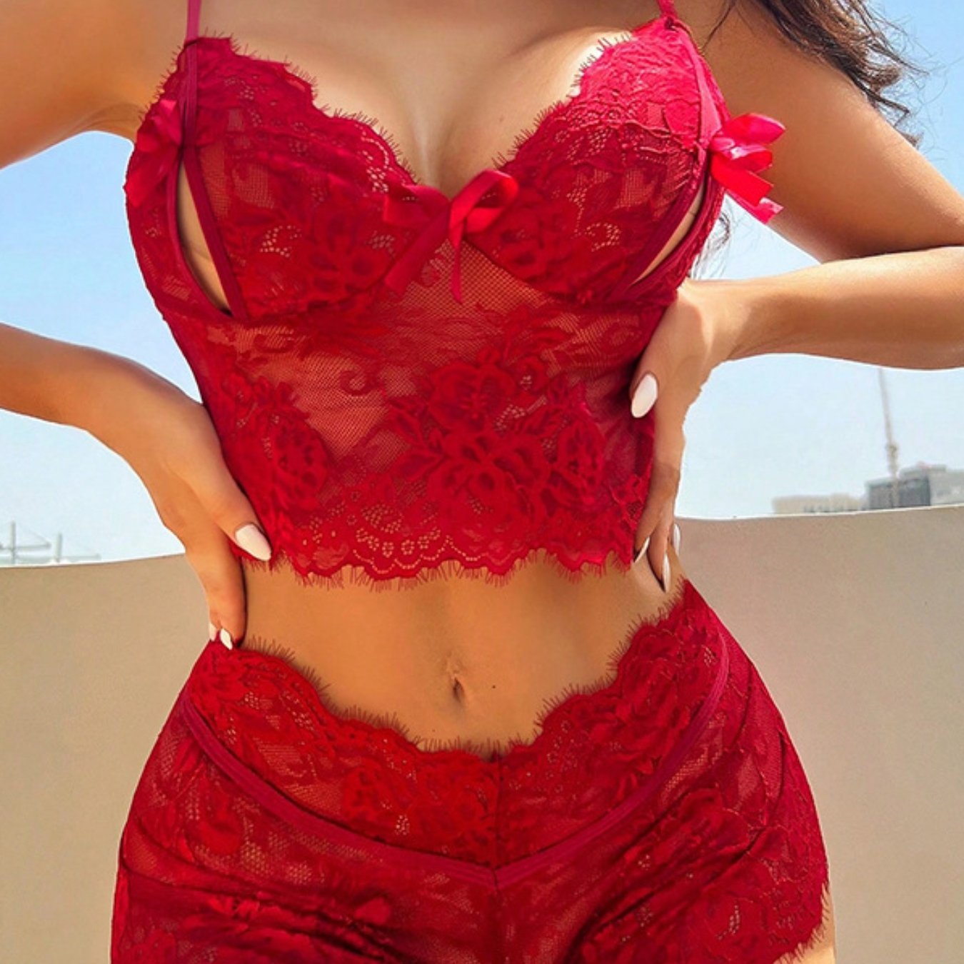 Sexy Lingerie Set in Blue, Red, or Pink, See-Through Lace Peek-a-Boo Cutouts, Adjustable Straps, Sizes S-XL, Perfect for Special Nights and Romantic Getaways
