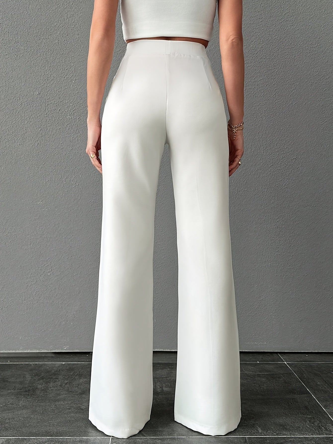Women's Elegant High-Waisted Flare Pants - Stretchy Straight Leg, Solid White, Casual to Office Wear, Machine Washable, Spring/Summer Collection, Cute Pants