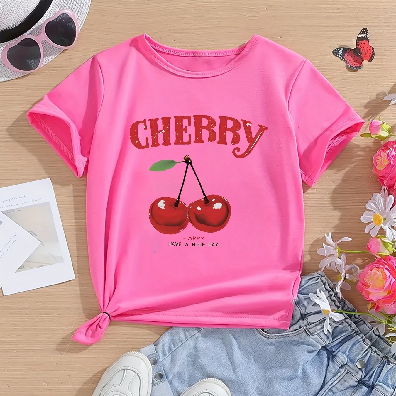 Girls' Cherry Graphic Tee - Soft & Quick-Dry Polyester Blend, Casual Round Neck Short Sleeve T-Shirt with "Have a Nice Day" Print, Perfect for Spring/Summer Outings, Girls Tshirts