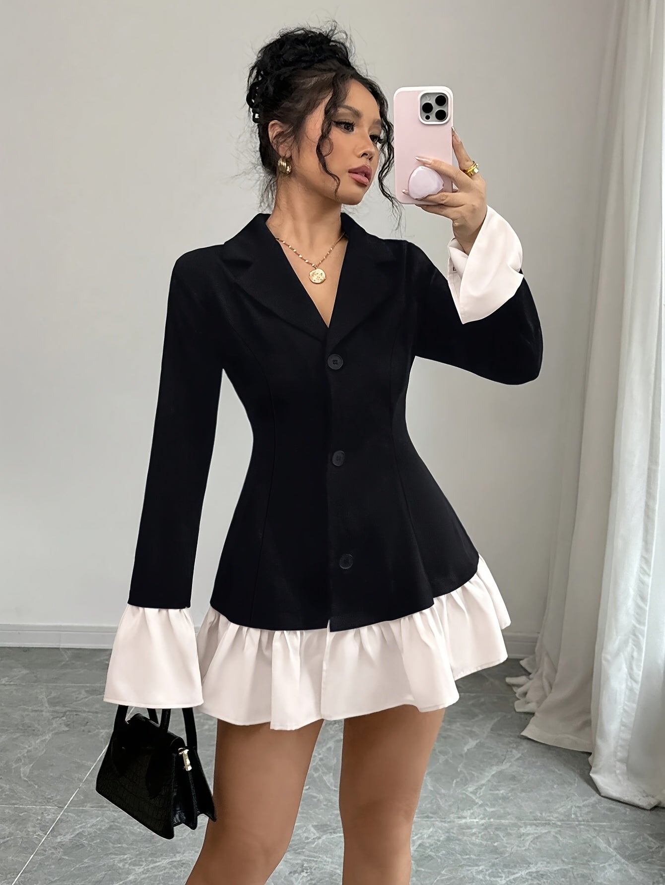 Women's Elegant Black & White Contrast Tailored Blazer Jacket with Notched Lapel, Ruffle Sleeve & Single-Button Closure - X-Silhouette Machine-Washable Spring/Fall Outerwear, Semiformal Attire | Pocketside Design | Sophistica