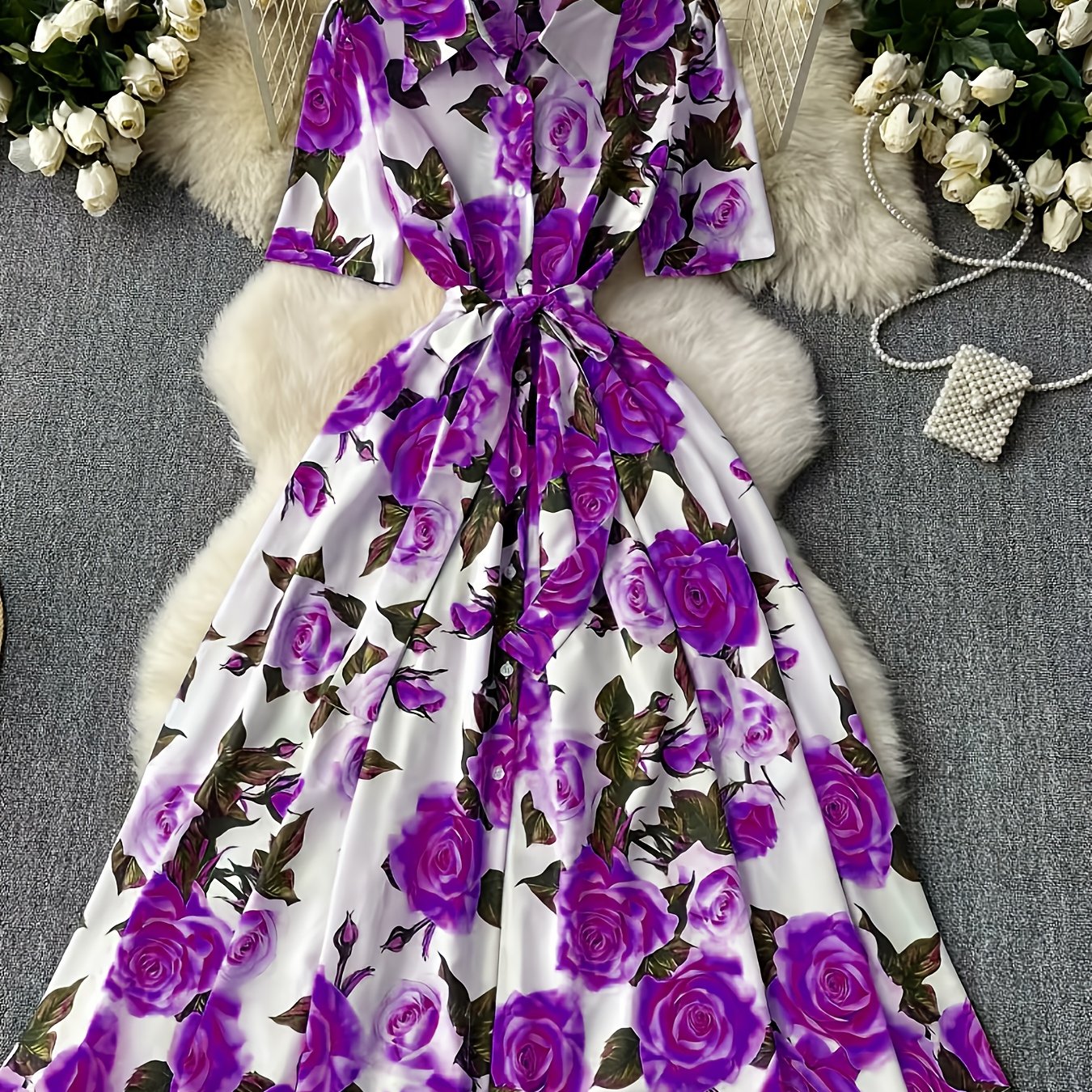 Elegant Women'S Floral Print Dress with Short Sleeves, Lapel Collar, and Cinched Waist - Romantic Rose Design, Perfect for Spring Outings, Garden Parties, and Casual Events, Garden Party Dress | Floral Print Dress | Stylish D