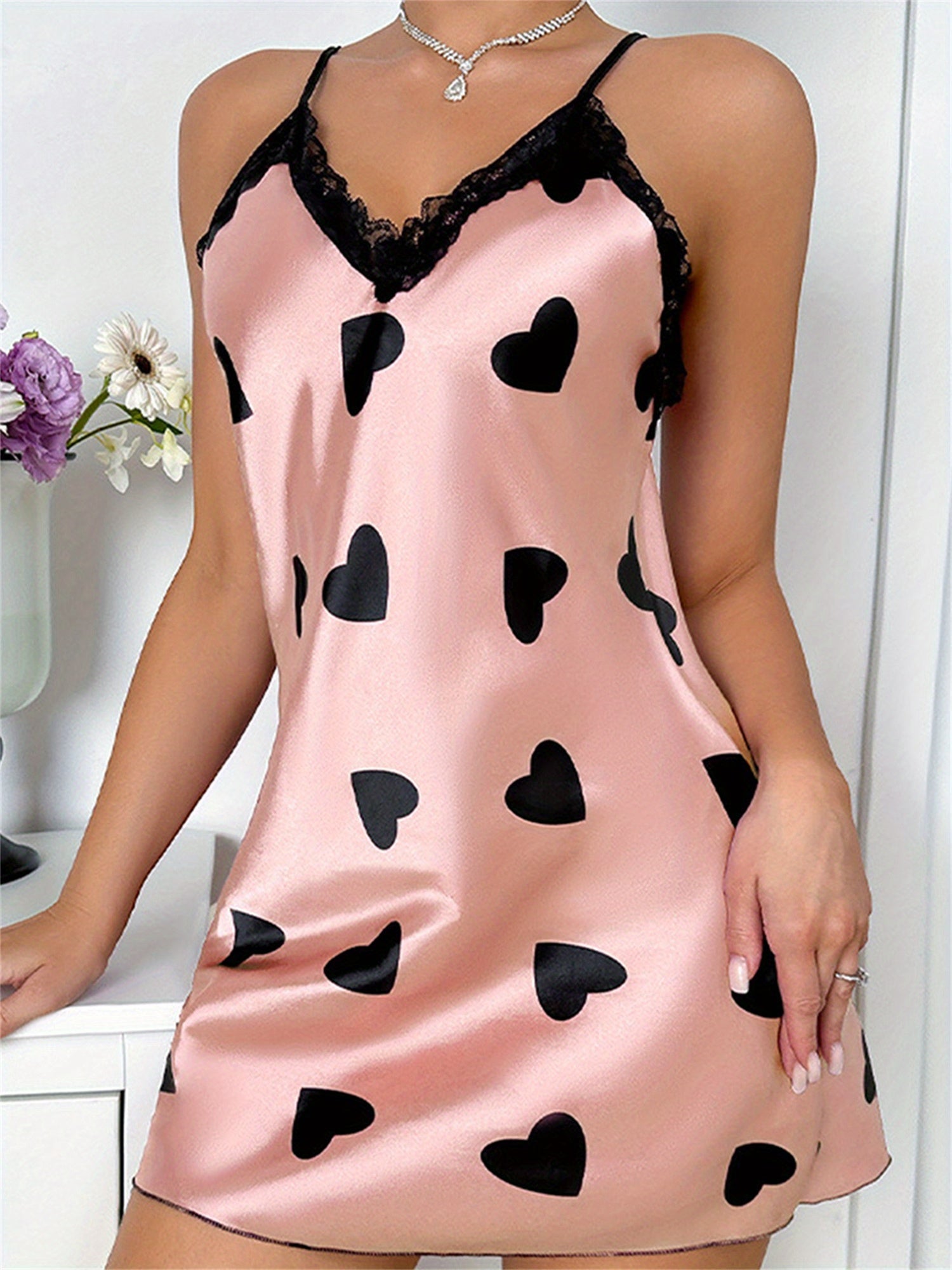 Women Nightdress, Sleeveless V-neck Backless Lace Trim Heart Print Sleepwear Loungewear