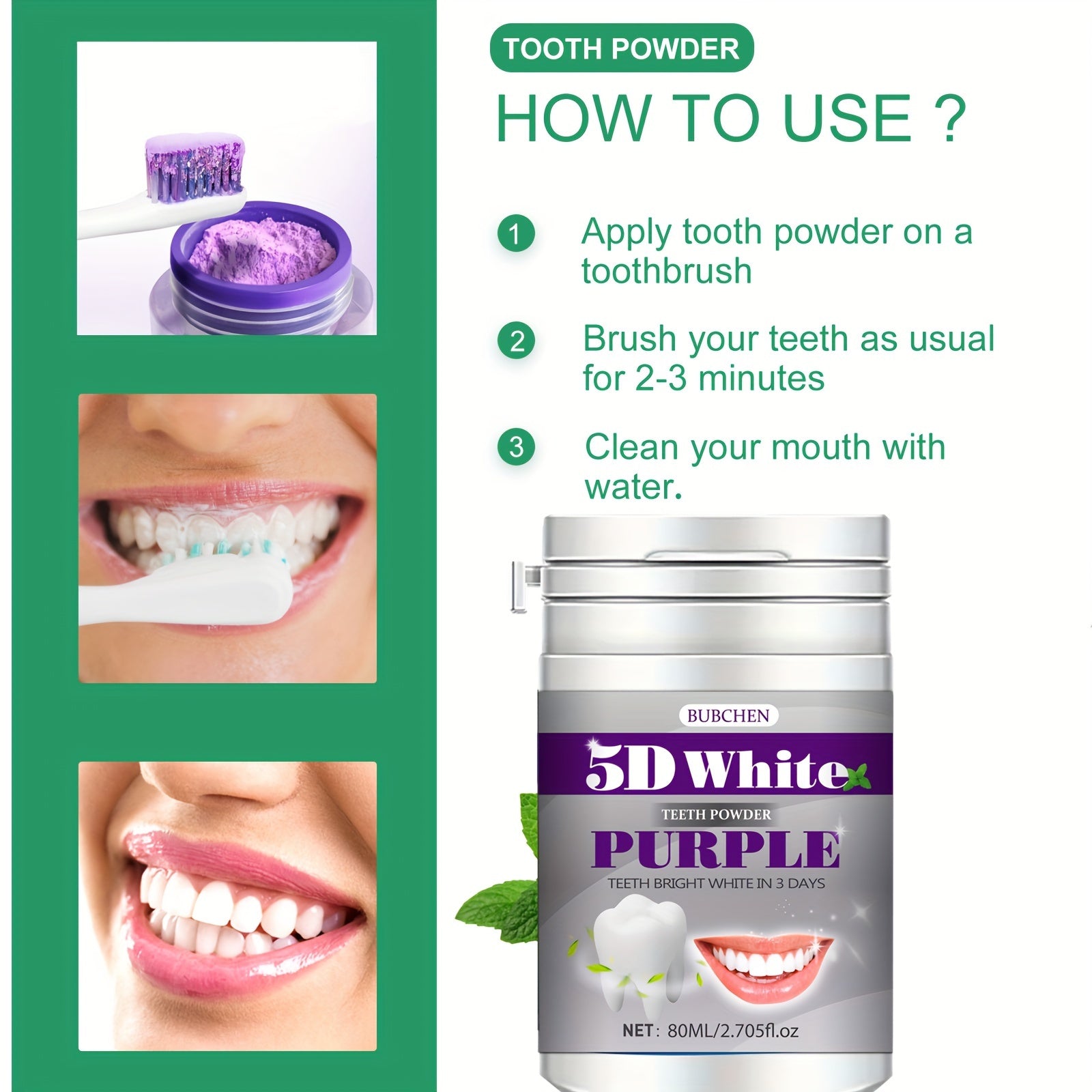 Bubchen Purple Teeth Whitening Powder, 2.71oz - Hypoallergenic, No Power Needed, Daily & Travel-Friendly Oral Hygiene Freshener for Brighter Smile in 7 Days, Essential Personal Care, BUBCHEN