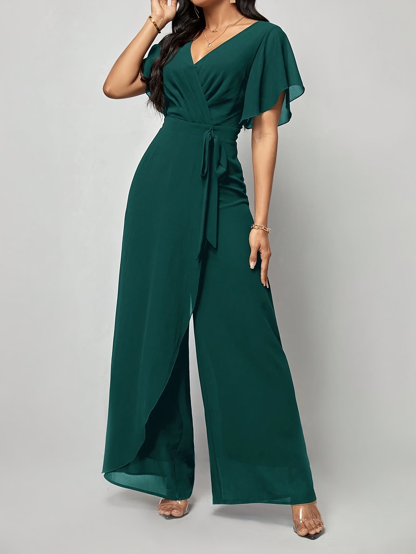 Elegant Green V-Neck Jumpsuit for Women - Solid Color, Wide Leg with Ruffle Sleeves & Tie Waist, Lightweight Polyester, Machine Washable - Perfect for Spring & Summer