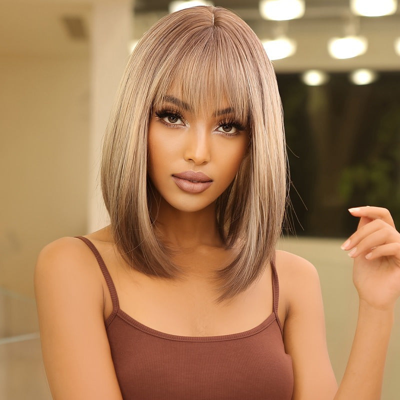 14 Inch Gray Ombre Brown BOB Wig with Bangs, Shoulder Length Hair Wig for Women, Realistic Synthetic Wig with Comfortable Net Cap
