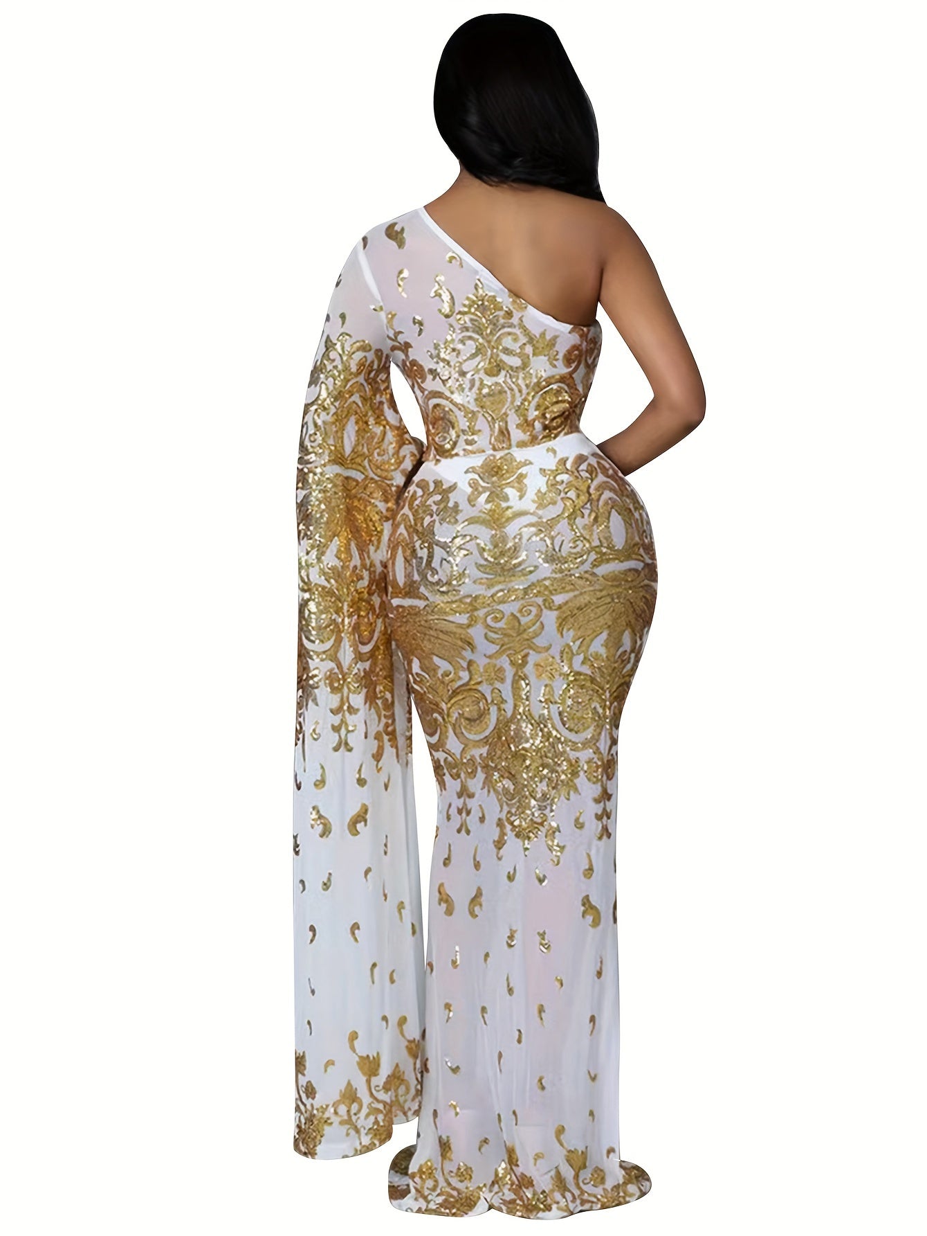 PORRCEY Sexy Women Sparkly Sequins One Shoulder Bodycon Maxi Dress Party Club Evening Dress