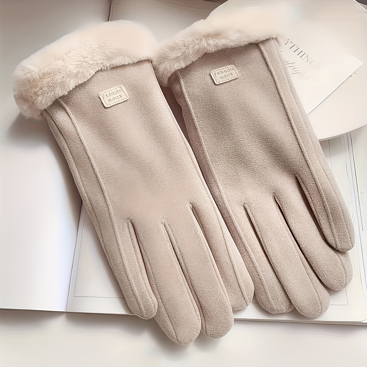 Women'S Beige Touchscreen Gloves - Thick Warm Plush Lined Full Finger Mittens for Winter, Knitted Polyester, Non-Stretch, Hand Washable, Ideal for Going Out
