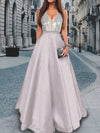 Women's Elegant Sleeveless Deep V-Neck Sequin & Satin Evening Gown - A-Line Mermaid Formal Dress with Super Long Train for Weddings, Galas & Special Occasions, Wedding Guest Attire | Sequined Bodice
