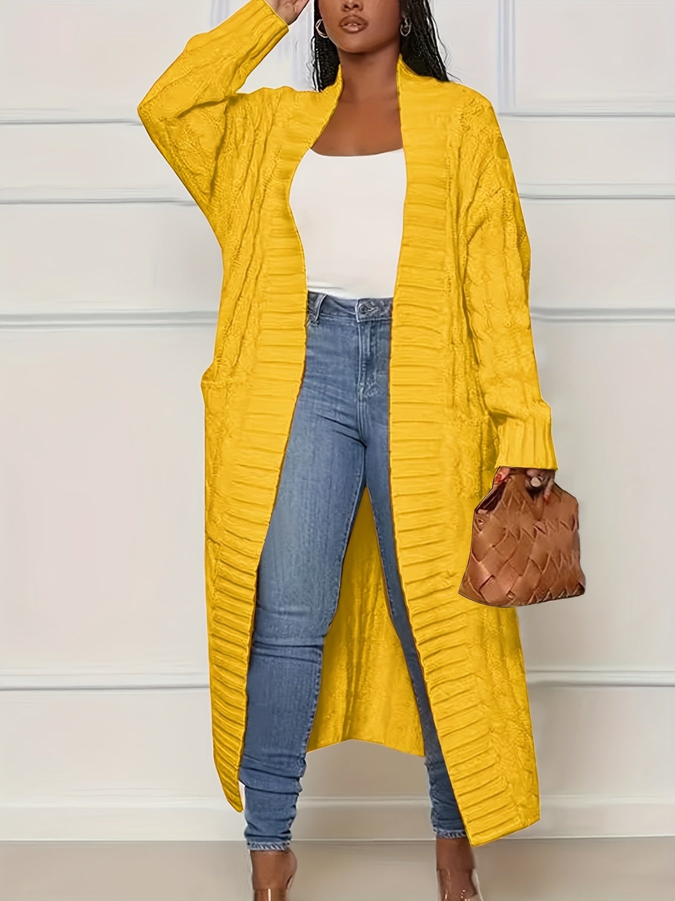 [Polyester Knit Cardigan] 100% Polyester Women's Casual Knit Cardigan - Solid Color Long Sleeve Open Front Sweater with Pockets - Versatile Knitwear for All Seasons