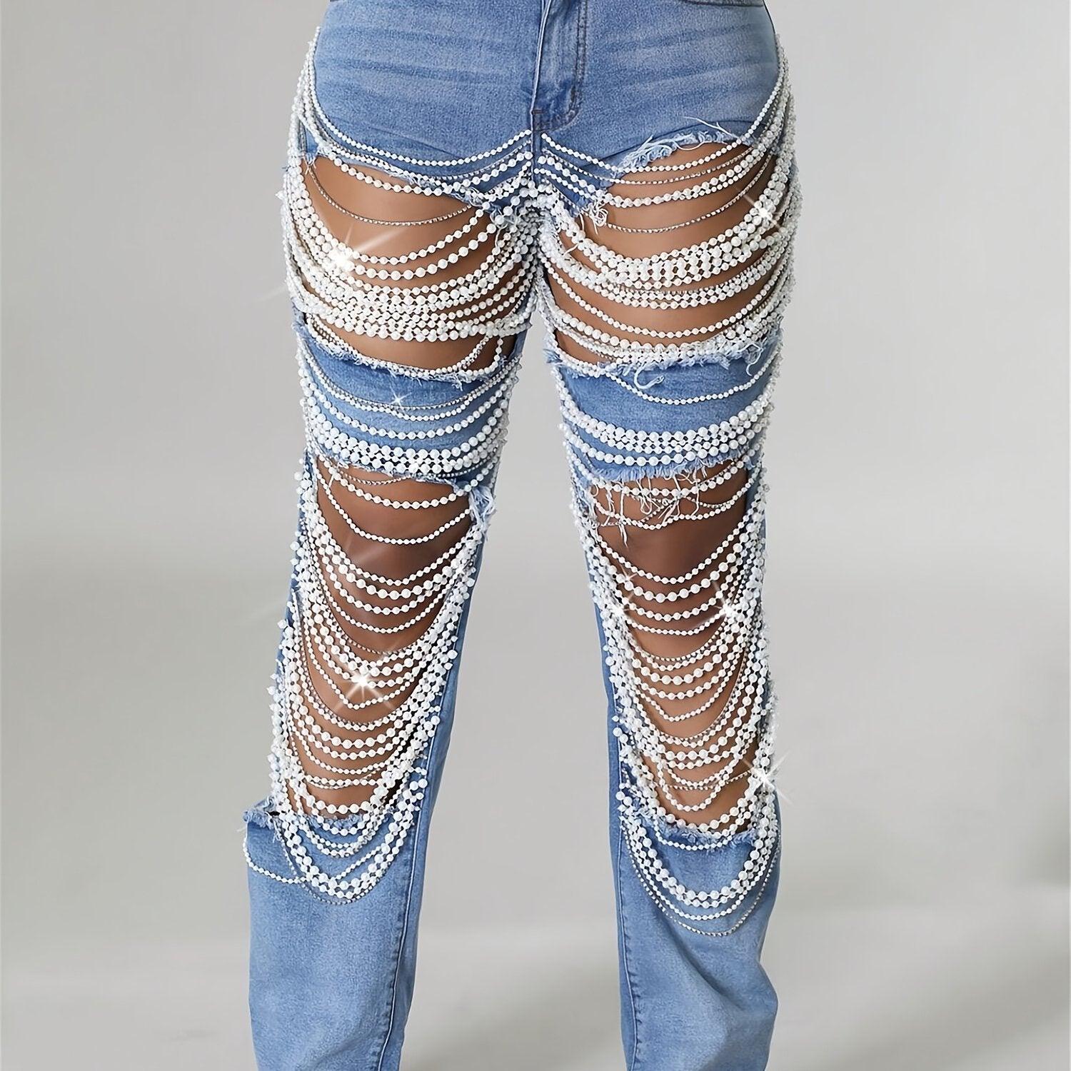 Straight Leg Jeans For Women Mid-Rise Distressed Ripped Hole Pearl Chain Denim Pants
