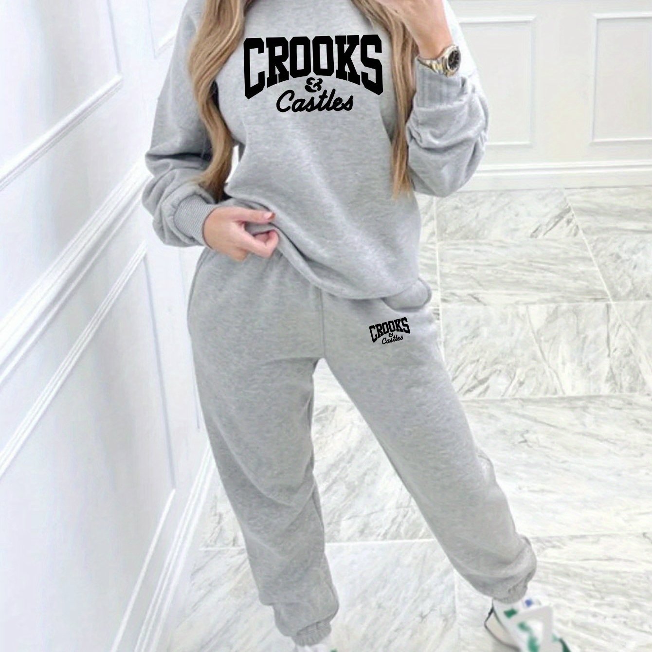 Women'S Casual Stylish Geometric Letter Pattern Printed Pullover And Sweatpants Set - Long Sleeves, Round Neck, Polyester Blend, Perfect Choice for Autumn And Winter.