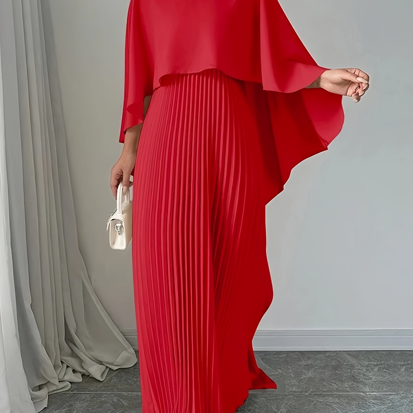 Flowing Long Skirt Elegant Solid Color Pleated Dress with Faux Two-Piece Design, Suitable for Banquets