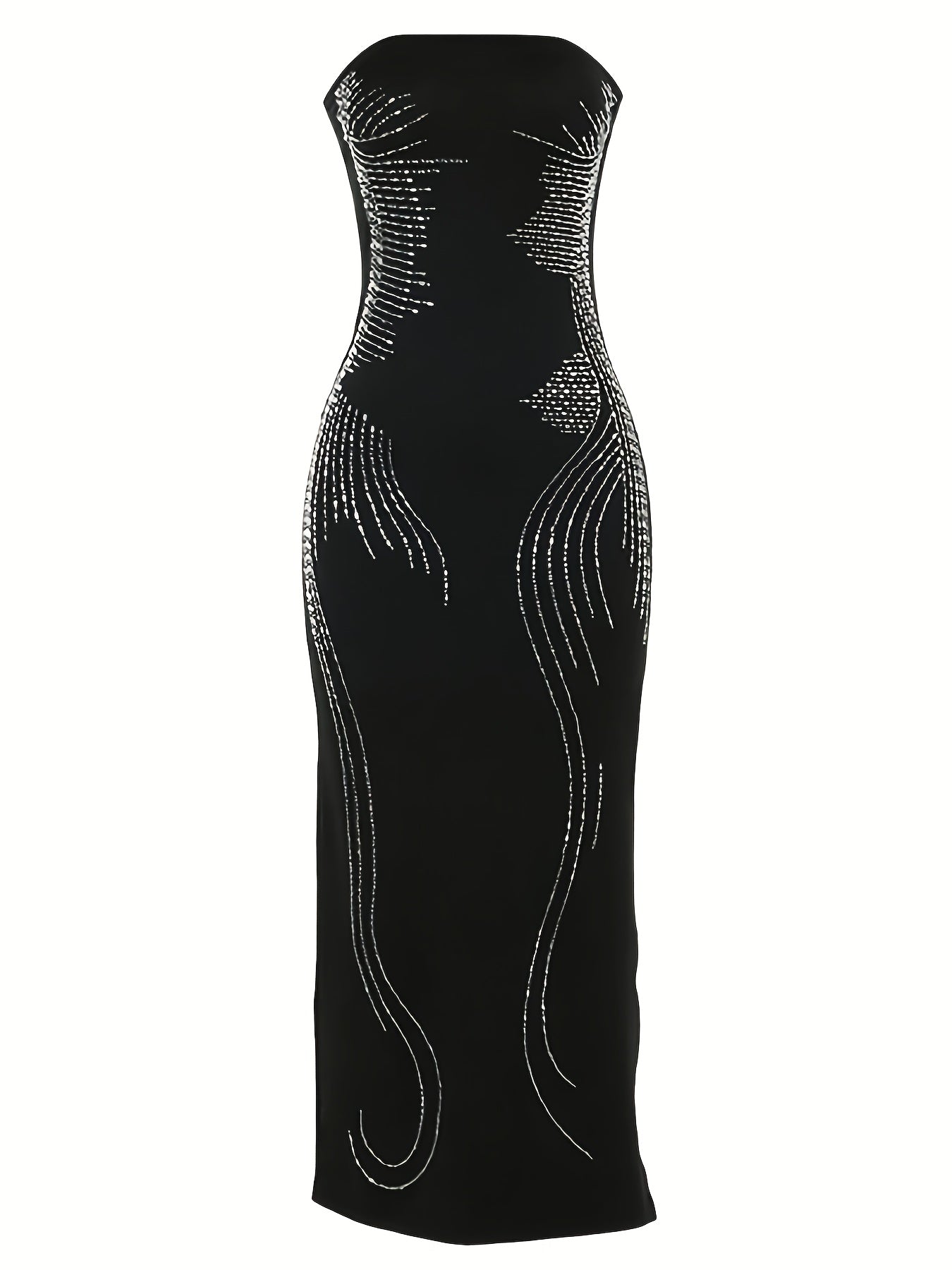 95% Polyester Solid Color Bodycon Dress - Elegant Rhinestone Embellishments, All-Season Bandeau Neckline, Extra-Long Length, 5% Elastane