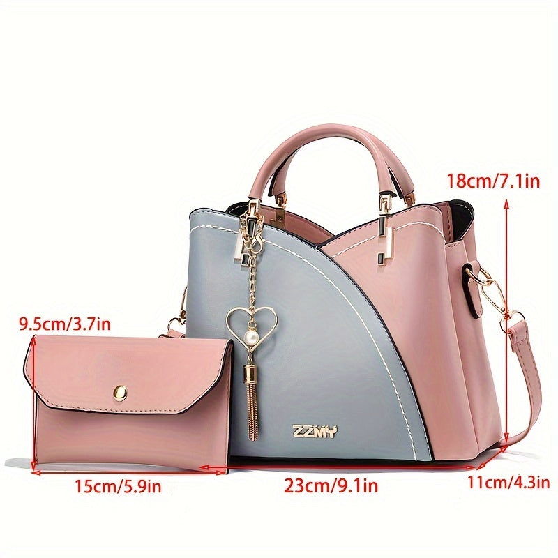 Elegant 2pcs Women's Handbag Set with Heart Tassel - Chic Colorblock Crossbody & Clutch Purse, Adjustable Strap, Magnetic Closure - Perfect Valentine's Gift