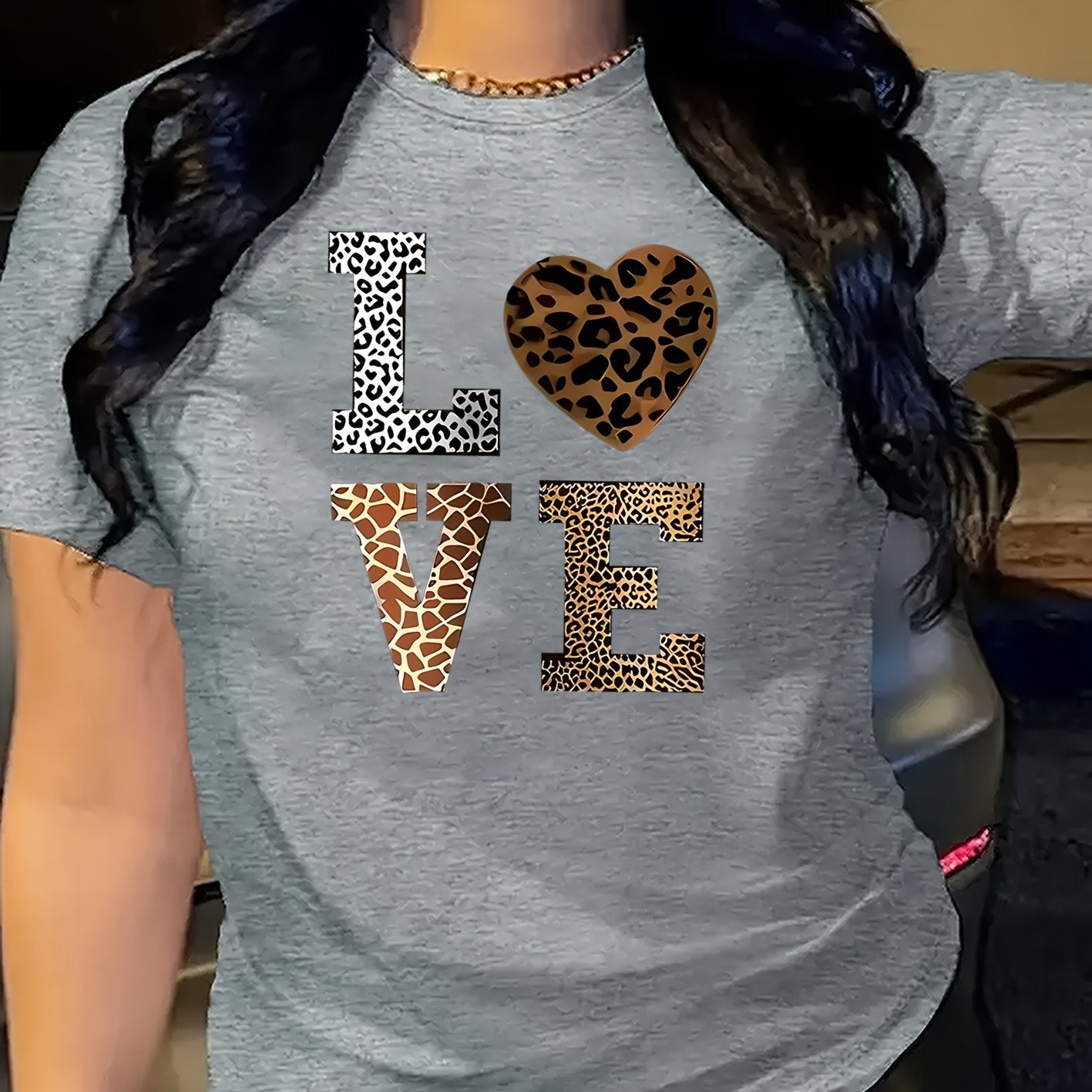 Stylish White 'LOVE' Leopard Heart Print Tee - Casual Round Neck Short Sleeve, 100% Polyester, Machine Washable - Perfect for All Seasons, Casual Wear Tee|Leopard Heart Design|Stretchable Material