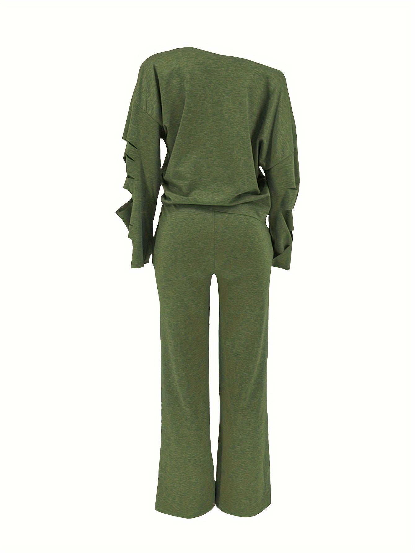 Casual Solid Cut Out Two-piece Set, Long Sleeve Asymmetric Top & Long Pants Outfits, Women's Clothing