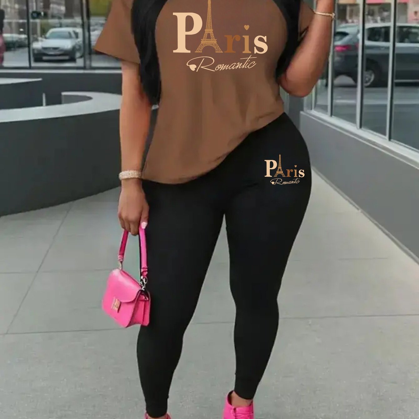 Eiffel Tower Paris-Inspired Women's Casual Outfit - Comfy Short Sleeve Tee & Stylish Pants Set, Machine Washable
