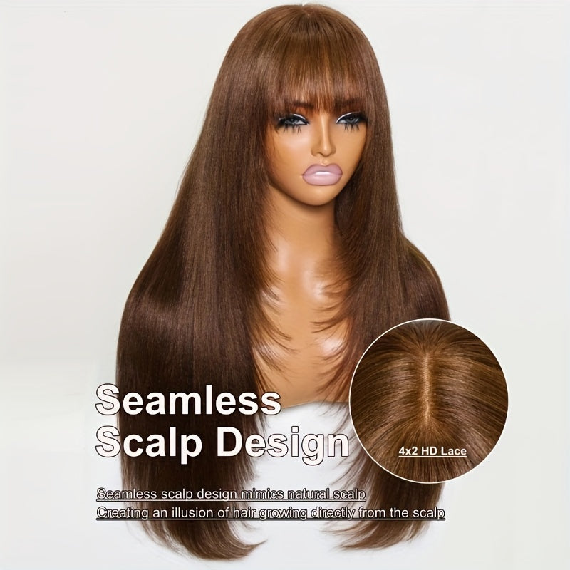 KLAIYI #4 Brown Yaki Straight Human Hair Wig with Bangs & Layered Cut - 100% Brazilian Virgin Human Hair, 150% Density Glueless HD Lace Front, Middle Part, 22.5" Cap Size, Tangle-Free, No Shedding, Air-Dry Friendly for Women
