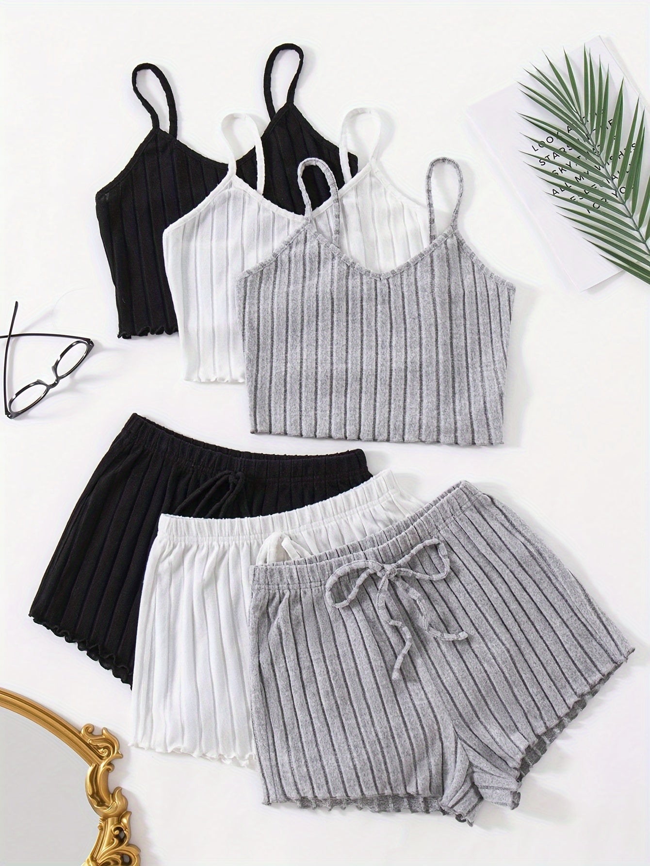 Three Sets for Spring And Summer, a Total of Six Pieces, Women'S Solid Color Camisole And Shorts Sleepwear Set.