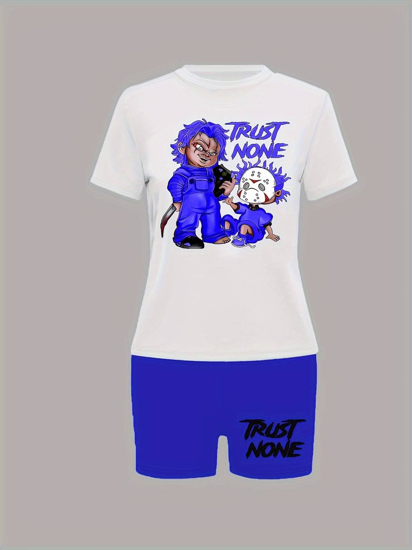 Sexy Orange & White Graphic Print Two-Piece Set - Women's "TRUST NONE" Short Sleeve T-Shirt & High-Waist Shorts, Polyester Blend, Machine Washable