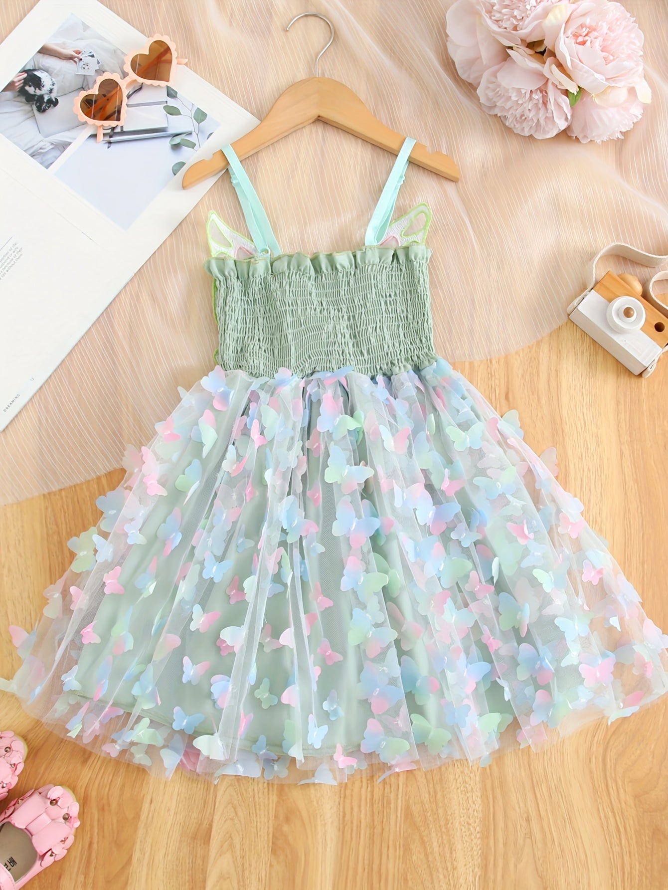 Enchanting Rainbow Butterfly Princess Dress for Girls - Elegant Sleeveless Mesh Tutu with Bow Detail, Perfect for Parties & Birthdays