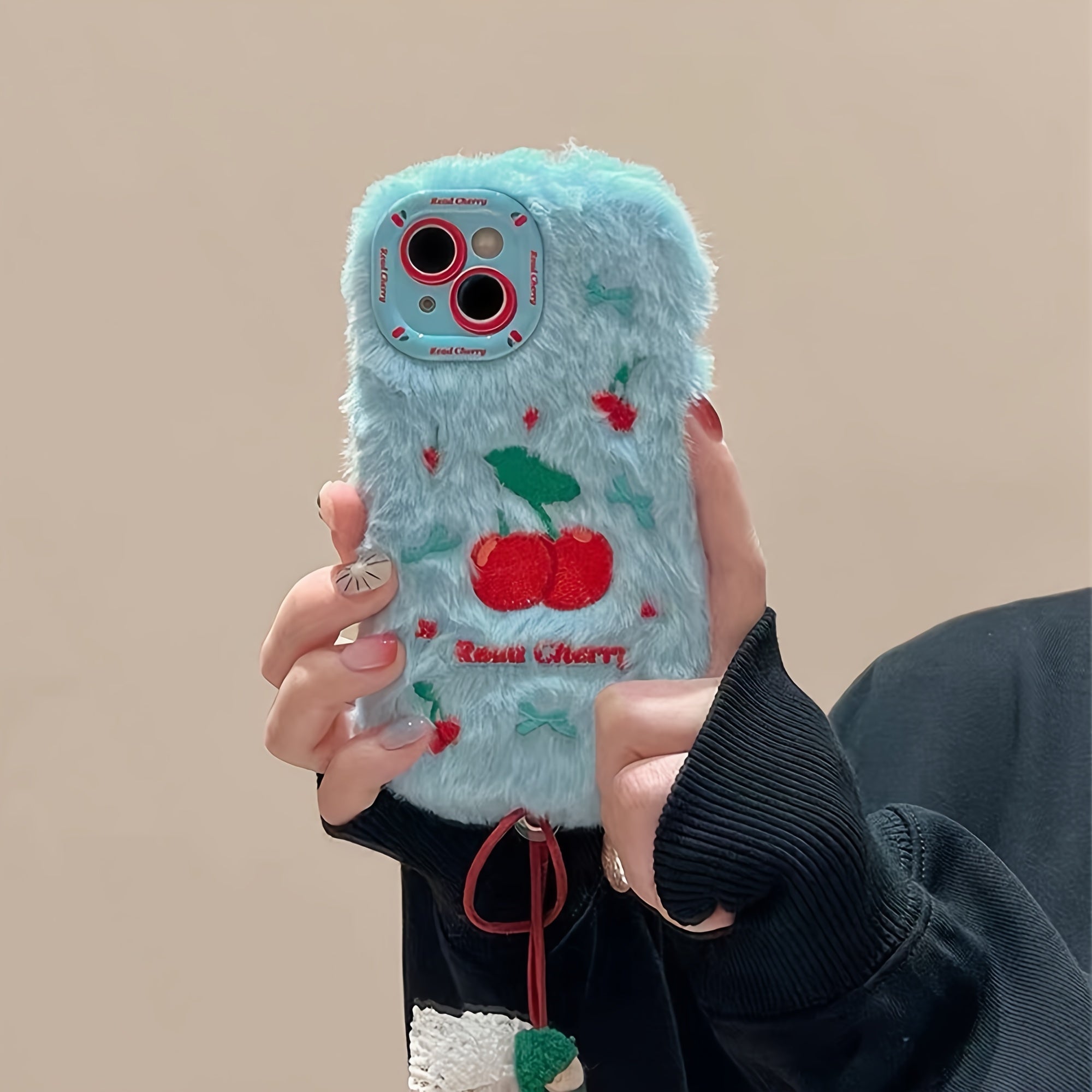 Autumn And Winter Cherry Plush Phone Case with Cherry Pendant for Iphone 16 Pro Max