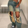 Women's High-Waisted Ripped Denim Jeans, Casual Street Style, Asymmetrical Slant Pockets, Non-Stretch Fabric, Solid Color, Long Length, All-Season Woven Cargo Pants