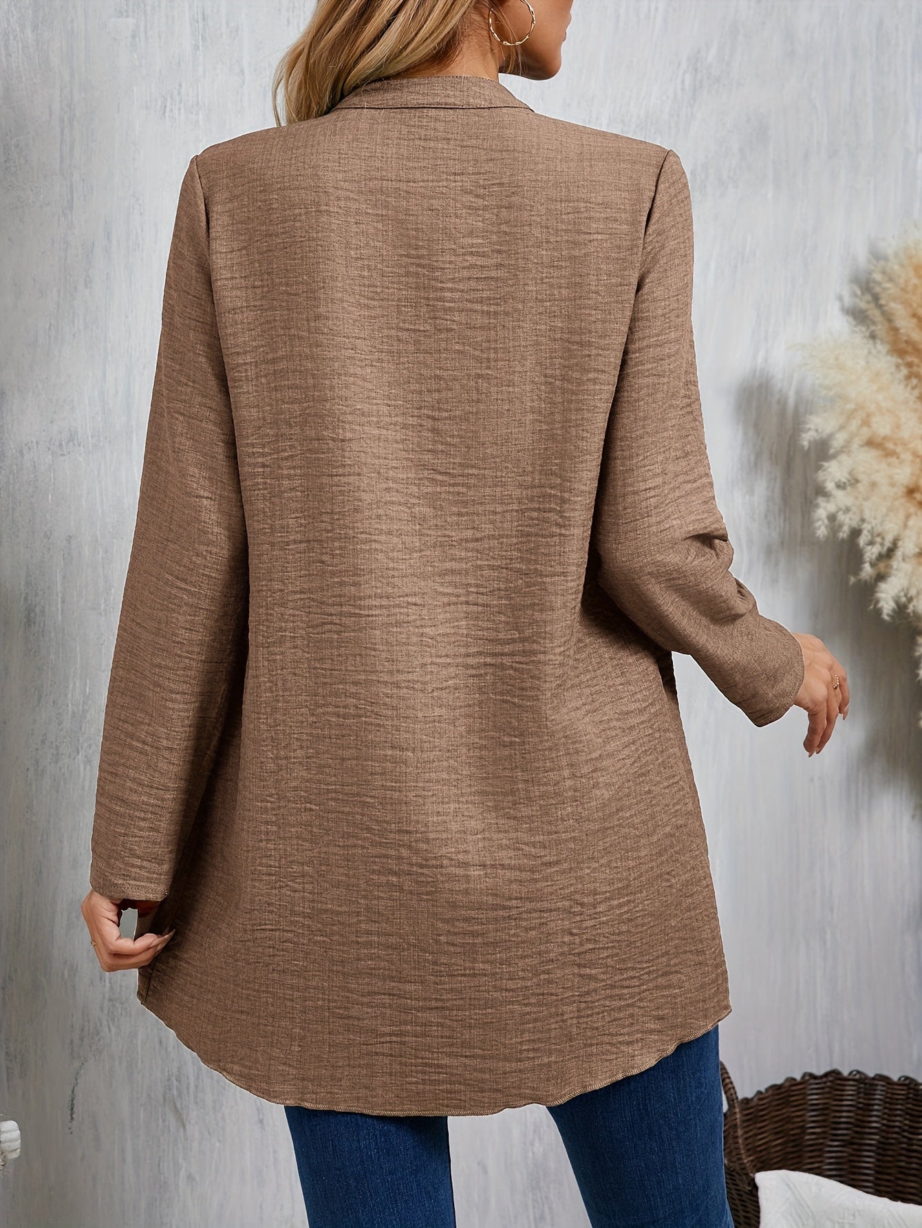 Solid Color Single Breasted Splicing Blouse, Elegant Long Sleeve Layered Blouse For Spring & Fall, Women's Clothing
