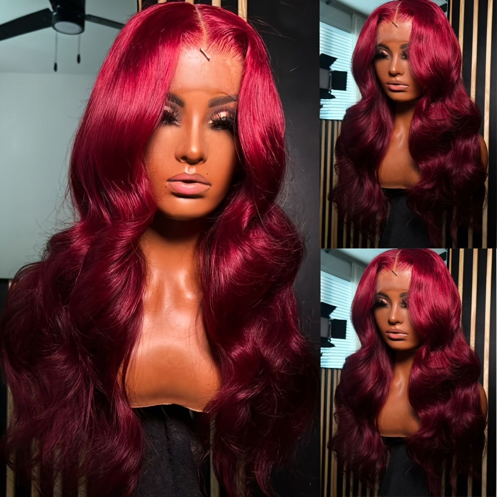 13x6 Inch Glueless Lace Front Wig for Women - Heat Resistant Synthetic Hair, Deep Part Space Burgundy Red Body Wave Loose Curly Wavy Wig with Preplucked Hairline, 200% Density for Daily & Party Use