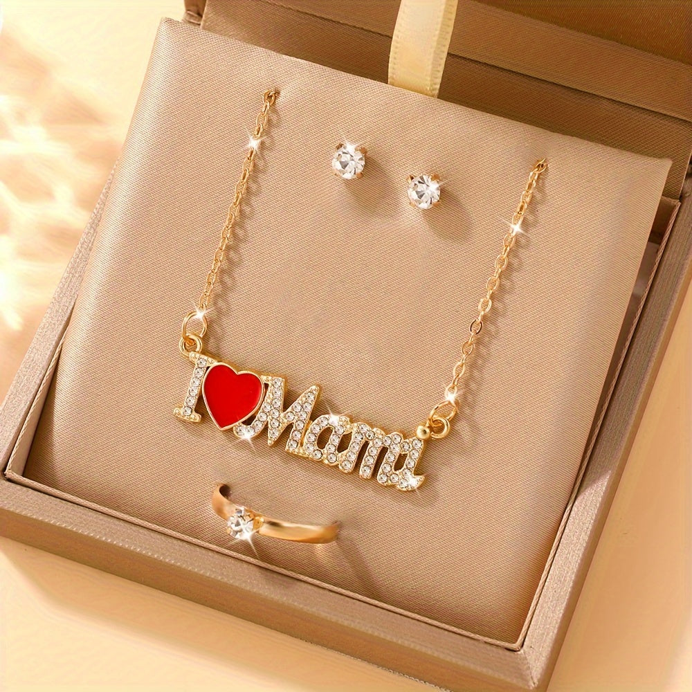 4pcs Bohemian style Women's jewelry set - "I Love Mom" pendant necklace, earrings, and ring combination, perfect for Mother's Day gifts, parties, Teacher's Day/ back to school/ graduation