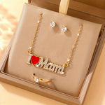 4pcs Bohemian style Women's jewelry set - "I Love Mom" pendant necklace, earrings, and ring combination, perfect for Mother's Day gifts, parties, Teacher's Day/ back to school/ graduation