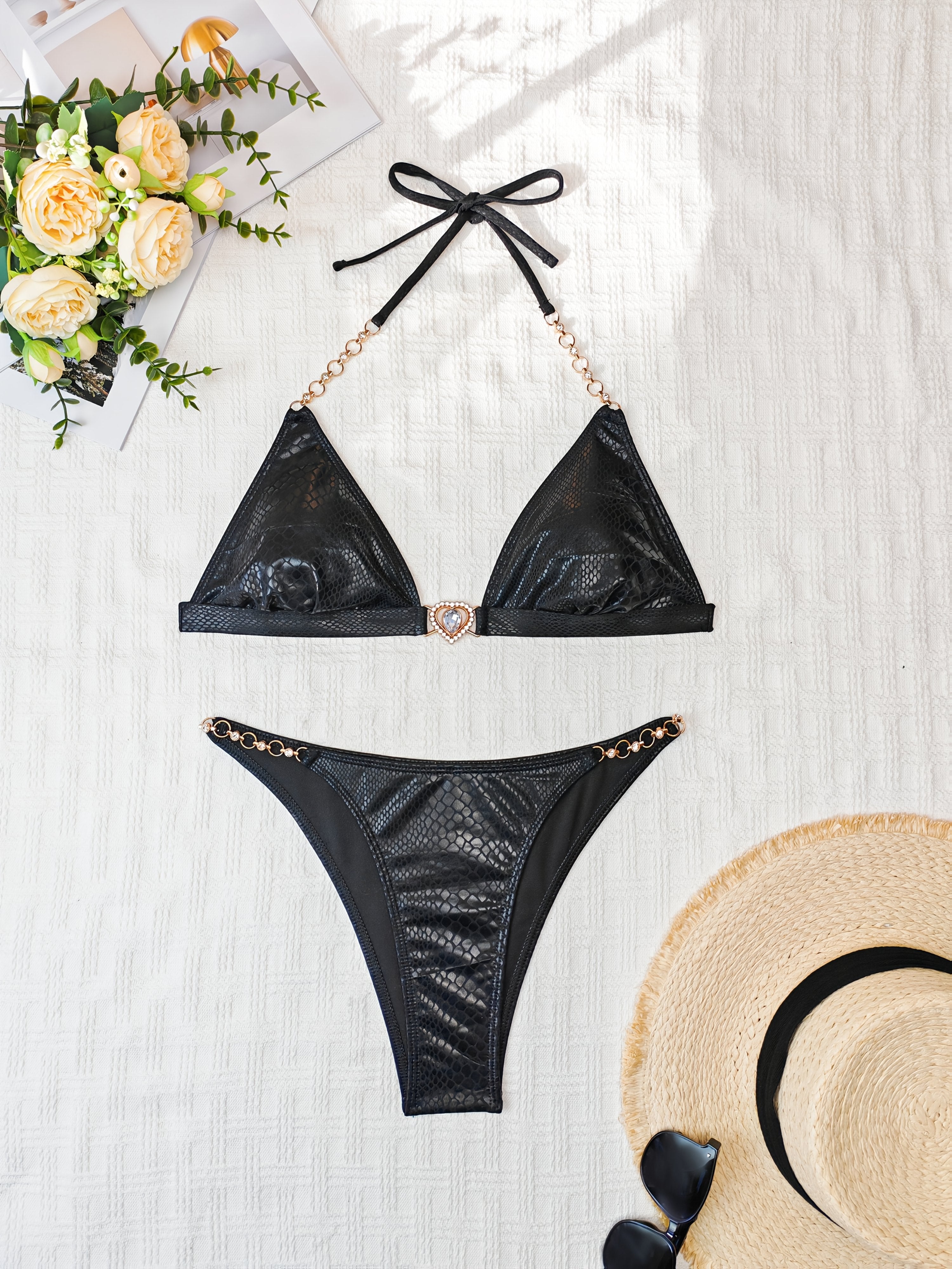 New Black Glossy Patterned Bikini Set for Women, Sexy with Rhinestones, Perfect for Vacations, Hot Springs, And Beach Outings.